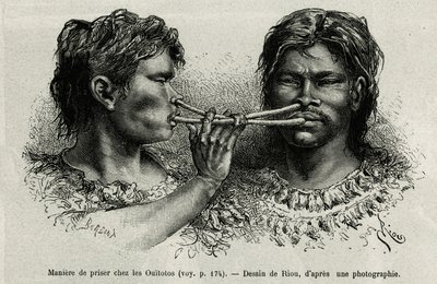 Nástroj vyrobený z ptačí kosti a způsob šňupání mezi indiány ouitotos (uitoto), foukající unisono, současně posílají úlovek. Rytina od Riou, pro ilustraci příběhu Cayenne aux Andes, od Julese Crevauxe, doktora francouzského námořnictva, od Edouard Riou