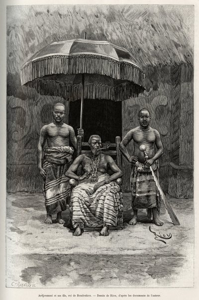 Ardjoumani (zemřel 1892) a jeho synové, král Bondoukou (Pobřeží slonoviny). Rytina od Riou pro ilustraci příběhu „“ Z Nigeru do Guinejského zálivu““ od kapitána Louise Gustava Bingera (1856-1936), v letech 1887-1889, v Le tour du monde, nouveau journal des od Edouard Riou