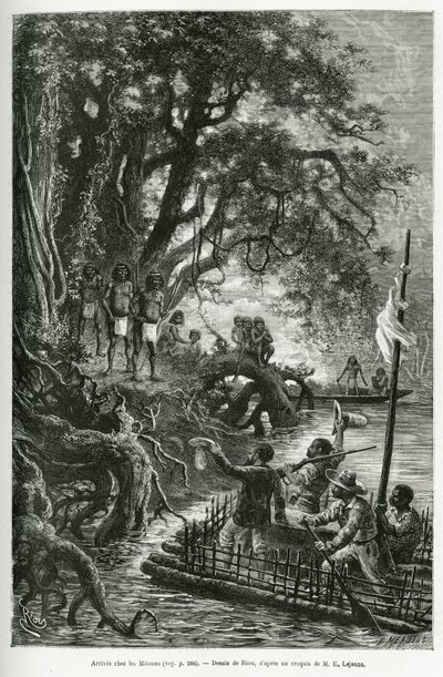 Příjezd voru Dr. Crevauxe a E. Lejeanne na březích hraničících s vesnicí Mitouas. Rytina od Riou, pro ilustraci průzkumné cesty přes Novou Granadu a Venezuelu, od doktora Crevauxe, prvotřídního lékaře námořnictva a E. Leje od Edouard Riou