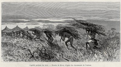 Zajatci nesoucí dřevo v buši. Rytina od Riou, pro ilustraci příběhu „“ Z Nigeru do Guinejského zálivu“, od kapitána Louise Gustava Bingera (1856-1936), v letech 1887-1889, v Le tour du monde, nouveau journal des voyages, pod vedením z Edouaru od Edouard Riou