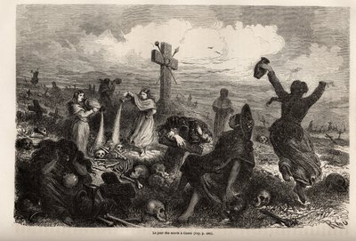 Oslava fete des morts v Cuzcu, kresba Riou, k ilustraci cesty Paula Marcoye Jižní Amerikou v letech 1848 až 1860. Rytina „“Le tour du monde“, editoval Edouard Charton od Edouard Riou