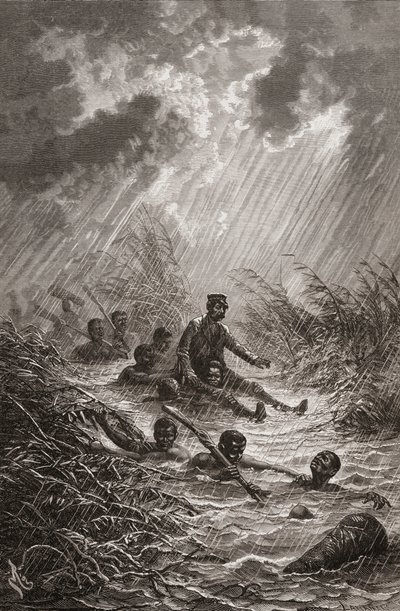 Dr. David Livingstone, kterého nosiči během své expedice do Afriky v roce 1872 nesli močálem, ilustrace z „The World in the Hands“, vyryl Charles Laplante od Edouard Riou