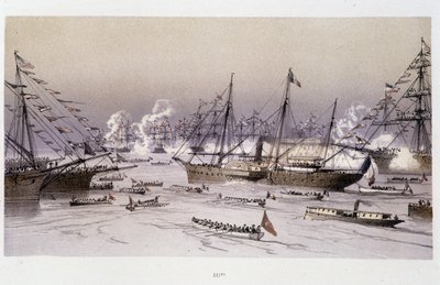 Vchod Orla do Port Said pro inauguraci Suezského průplavu – v „Skrze Suezskou šíji““ od Riou, Marius Fontaine od Edouard Riou