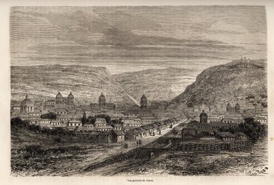 Celkový pohled na Cusco nebo Cusco, bývalé hlavní město Inků, kresba Riou, která ilustruje cestu Paula Marcoye Jižní Amerikou od roku 1848 do roku 1860. Rytina v „“Le tour du monde“, editoval Edouard Charton od Edouard Riou