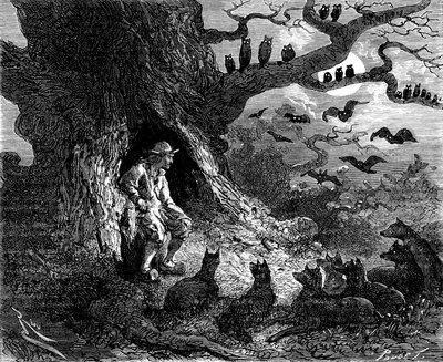 Ilustrace k románu Alexandra Dumase „Le leader de loups“: Thibault se zdál být středem pekelného kruhu, 19. století od Edouard Riou