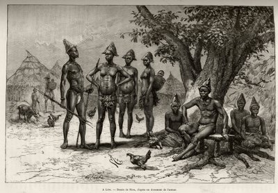 V Lera (nebo Dera, Niger), typy Mandes. Rytina Riou pro ilustraci příběhu „“ Z Nigeru do Guinejského zálivu““ od kapitána Louise Gustava Bingera (1856–1936), v letech 1887–1889, v Le tour du monde, nouveau journal des voyages, pod vedením od Edouard Riou