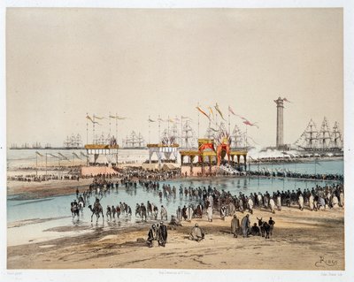 Slavnostní otevření Suezského průplavu v Port-Said (řekl Port) - v „Through the Isthmus of Suez““ od Riou, Marius Fontaine od Edouard Riou