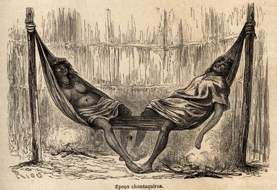 Indičtí manželé Chontaquiros z Peru spící ve své svatební houpací síti, kresba Riou, která ilustruje cestu P. Marcoye z Tichého oceánu do Atlantského oceánu v letech 1848 až 1860. Rytina v „“Le tour du monde““, editoval Edouard Charton od Edouard Riou