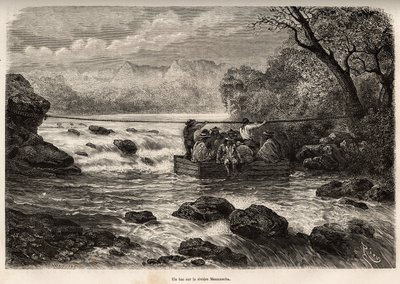 La traversee par le bac de la Riviere Mesacancha (Bas Peru), rytina E.Riou ilustrující cestu v horách, údolí Huarancalqui a regionech Pjonal, od roku 1862 do roku 1863, od Paula Marcoye, publikováno v „“ Le tour du monde”” 1875 od Edouard Riou