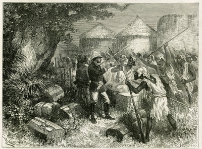 Poručík Valliere se brání proti obyvatelům Sibi (nebo Siby), mandingské vesnice v Horním Nigeru (dnešní Mali), jejíž obyvatelé byli velmi rozrušeni příchodem průzkumného oddílu. Rytina Riou, na základě skici od od Edouard Riou