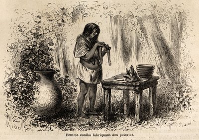 Výroba keramiky indiána Conibo z Peru, kresba Riou pro ilustraci cesty P. Marcoye v letech 1848 až 1860 z Tichého oceánu do Atlantského oceánu. Rytina v „“Le tour du monde““, editoval Edouard Charton od Edouard Riou