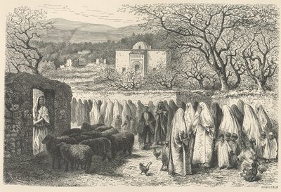 Marabout a procesí: Tlemcen, vyryl Henri Theophile Hildibrand (1824-97) od Edouard Riou