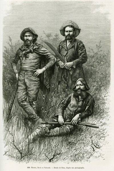 Členové výpravy: pan Thouar (prodlužující se), pan Novis (stojí vlevo) a pan Valverde (stojí vpravo). Rytina Riou pro ilustraci příběhu Voyage dans le Chaco Boreal od Edouard Riou