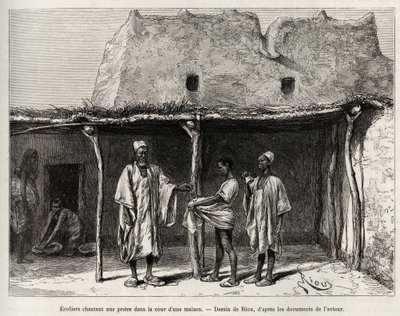 Muslimští školáci za zpěvu modlitby na nádvoří domu, praktikovaného v zemi Kong (Niger), školáci dostávají hrst cauris, kterou odevzdávají svému učiteli a která odpovídá jakési dani za veřejné školství. od Edouard Riou