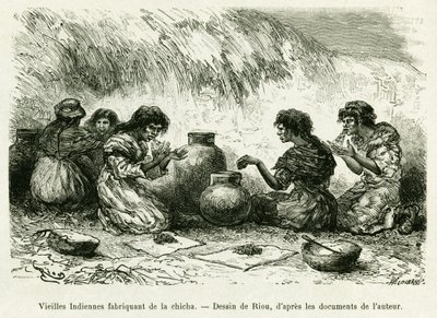 Staré indické ženy vyrábějící šíšu. Rytina Riou pro ilustraci příběhu Cesta v deltě Pilcomayo az Buenos Aires do Sucre od Edouard Riou