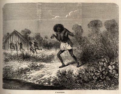 Panika mezi indiány Conibos, kteří uprchli při příjezdu expedice Paula Marcoye poblíž Tumbaya (Peru), který se sám stal obětí zlého zaklínadla starého Indiána, kresba Riou pro ilustraci plavby P. v letech 1848 až 1860. Marcoy, z th od Edouard Riou