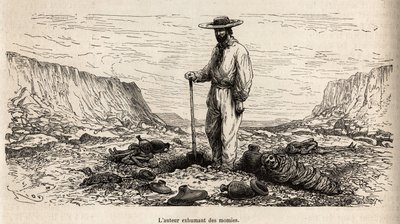 Paul Marcoy exhumant des mumies Incas (Bas Peru), rytina E.Riou ilustrující cestu v horách, údolí Huarancalqui a regionech Pjonal, od roku 1862 do roku 1863, od Paul Marcoy, publikovaná v „Le tour du monde“ “ 1875, editoval Edou od Edouard Riou