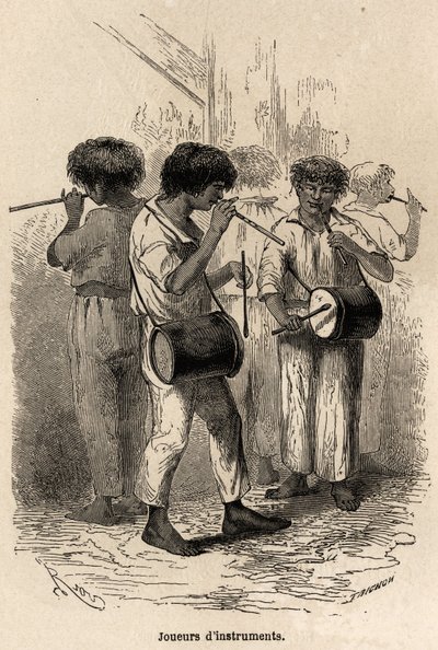 Hráči na hudební nástroje v Sarayacu (Peru), kresba Riou, k ilustraci cesty Paula Marcoye z Tichého oceánu do Atlantského oceánu v letech 1848 až 1860. Rytina „“Le tour du monde““, editoval Edouard Charton od Edouard Riou
