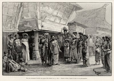 Hrající ušní ozdoby dívkám Batak, etnická skupina severní Sumatry. Rytina od Riou pro ilustraci příběhu „Rok v Malajsii“, od Julese Clainea (1856-1939) od Edouard Riou