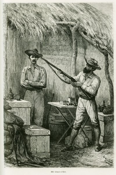 Portrét autora Victora Girauda, lodního praporčíka a jeho cestovatele Montagu Kerra, lovce. Rytina Riou pro ilustraci příběhu Les lacs de l