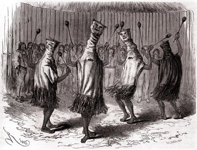 Rituální tanec peruánských indiánů Ticuna v převlecích a maskách od Edouard Riou