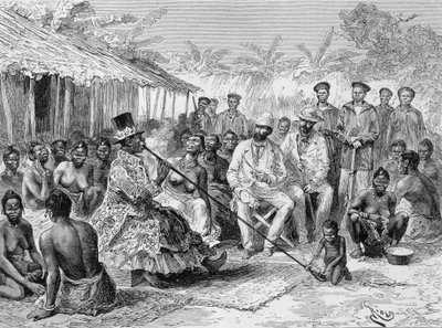 Savorgnan de Brazza palaver s Renoké, vesnickým vůdcem západní Afriky - v „“Tour du Monde“, 2. týden 1887 od Edouard Riou