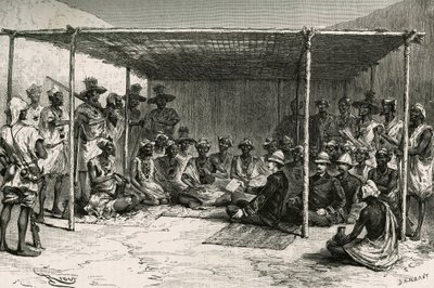 Podepsání smlouvy, která dne 25. dubna 1880 umístila zemi Kita (bývalý francouzský Súdán, dnešní Mali) pod protektorát Francie, mezi velitelem Josephem Gallienim (1849-1916) a Tokontanem Keitou. Rytina Riou, podle náčrtu au od Edouard Riou