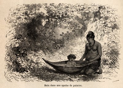 Koupel dítěte v palmovém listu. Kresba Riou, pro ilustraci cesty z Tichého oceánu do Atlantského oceánu od Edouard Riou
