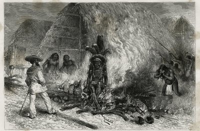 Kremace Roucouyenne (nebo wayana), kmene žijícího podél řek Mana a Maroni, s výhledem na Bucher, Dr. Crevaux, rytina Riou, pro ilustraci průzkumné cesty ve vnitrozemí Guyany od Dr. Julese Crevauxe, doktora francouzské námořnictvo, od Edouard Riou