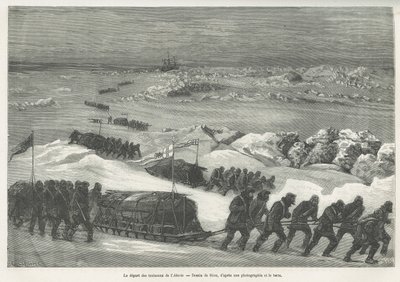 Odplutí saní Alert, lodi polární expedice, kresba Riou, pro ilustraci příběhu plavby k polárnímu moři v letech 1875-1876 od kapitána G.S.Narese. Rytina v Le tour du monde od Edouard Riou