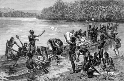 Různé aktivity kmene z vesnice Adouma v Africe. V „“Journey in the West African““ od Brazzy od Edouard Riou