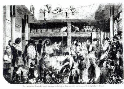 Předvečer odjezdu do Ameriky - němečtí emigranti odjíždějící do USA v kajutě amerického parníku v přístavu Le Havre, asi 1850 od Edouard Riou