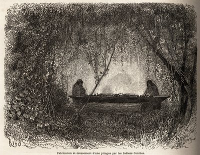 Výroba kánoe, evakuované ohněm, indiány Conibo z Peru, kresba Riou pro ilustraci cesty P. Marcoye z Tichého oceánu do Atlantského oceánu v letech 1848 až 1860. Rytina do „“Le tour du monde“, editoval Edouard Cha od Edouard Riou