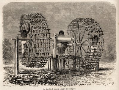 Mlýn na mletí cukrové třtiny ze Sarayacu (Peru), kresba Riou, ilustrující cestu Paula Marcoye z Tichého oceánu do Atlantského oceánu v letech 1848 až 1860. Rytina „“Le tour du monde““, editoval Edouard Charton od Edouard Riou