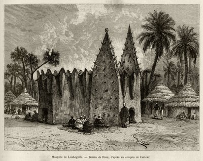 Mešita Lokhognile (Guinský záliv). Rytina Riou pro ilustraci příběhu „“ Z Nigeru do Guinejského zálivu““ od kapitána Louise Gustava Bingera (1856–1936), v letech 1887–1889, v Le tour du monde, nouveau journal des voyages, pod vedením od Edouard Riou