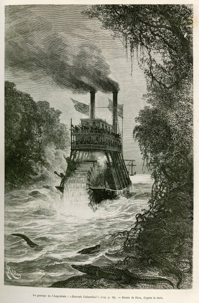 Průjezd Angostury (Kolumbie), parníkem expedice, kresba E.Riou, pro ilustraci cesty do rovnodenné Ameriky (Kolumbie, Ekvádor, Peru), v letech 1875-1876, Edouard Andre (1833-1894) , cestovatel pověřený misií Fr od Edouard Riou