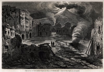 Náměstí Torre del Greco, během erupce Vesuvu, 8. prosince 1861, kresba Riou, pro ilustraci procházek po Neapoli od Marca Monniera, v roce 1862. Rytina „“ Le tour du monde“, editoval Edouard Charton od Edouard Riou