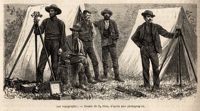 Tým topografů se svým materiálem z americké geologické mise, rytina podle kresby F.Riou, ilustrující soubor geografických misí přes Národní park Spojených států v letech 1870 až 1872 od pánů Haydena, Doanea a Langfa od Edouard Riou