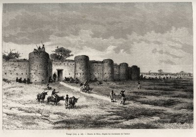 Město Tiong-Gi (Tiong Gi, Mali) s opevněním a hliněnými věžemi. Rytina od Riou pro ilustraci příběhu „“ Z Nigeru do Guinejského zálivu““ od kapitána Louise Gustava Bingera (1856-1936), v letech 1887-1889, v Le tour du monde, nouveau journal od Edouard Riou
