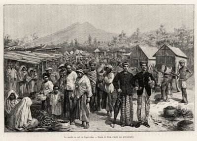 Procházka v Pager Alam Cafe (Malajsie). Rytina od Riou pro ilustraci příběhu „Rok v Malajsii“, od Julese Clainea (1856-1939) od Edouard Riou