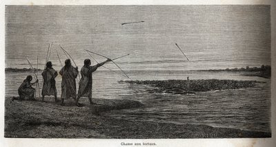 Lov želv, mezi indickými koniby z Peru, kresba Riou pro ilustraci cesty P. Marcoye z Tichého oceánu do Atlantského oceánu v letech 1848 až 1860. Rytina v „“Le tour du monde““, editoval Edouard Charton od Edouard Riou