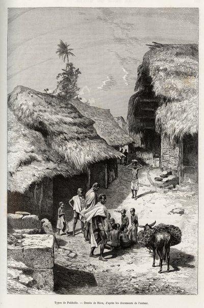 Druhy Pakhala (Pobřeží slonoviny). Rytina Riou pro ilustraci příběhu „“ Z Nigeru do Guinejského zálivu““ od kapitána Louise Gustava Bingera (1856–1936), v letech 1887–1889, v Le tour du monde, nouveau journal des voyages, pod vedením Edouard Cha od Edouard Riou