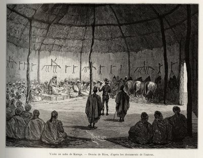 Návštěva Naba of Karaga (Ghana). Rytina Riou pro ilustraci příběhu „“ Z Nigeru do Guinejského zálivu““ od kapitána Louise Gustava Bingera (1856–1936), v letech 1887–1889, v Le tour du monde, nouveau journal des voyages, pod vedením Edouar od Edouard Riou
