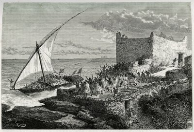 S trusem cestujících, kteří vplouvají do přístavu Moguedouchou (Mogadišo), námořníci dělají obrovský rachot, aby přilákali lidi, kteří je vítají s nadšením. Rytina Riou pro ilustraci příběhu „“ Voyage chez les Benadir, les somalis et od Edouard Riou