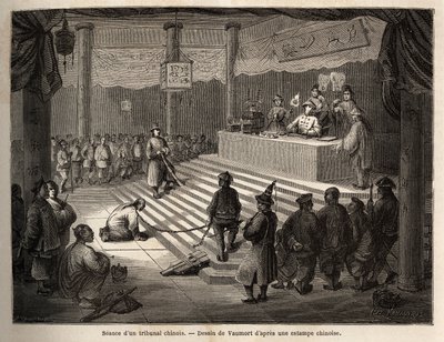 U čínského soudu se obžalovaný objevuje u soudu obklopený četníkem, který ho drží připoutaného a jeho řezníka, kresba Vaumorta (? -1886), aby ilustroval cestu pana de Bourboulon ze Šanghaje do Moskvy v letech 1859 až 1862. , francouzský ministr Ch od Edouard Vaumort