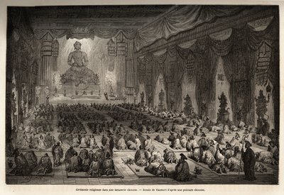 Náboženský obřad v čínské lamasserie, kresba Vaumorta (? -1886), pro ilustraci cesty ze Šanghaje do Moskvy, v letech 1859 až 1862, pana de Bourboulon, francouzského ministra do Číny. Rytina v „“Le tour du monde““, editoval Edouard Charton od Edouard Vaumort