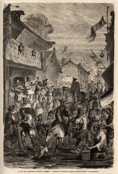 Ulice obchodníků s oblečením, Kalgan, Mongolsko. Kresba od Vaumorta (? -1886), pro ilustraci cesty ze Šanghaje do Moskvy, v letech 1859 až 1862, pana de Bourboulona, francouzského ministra v Číně. Rytina v „“Le tour du monde““, editoval Edouard Chart od Edouard Vaumort