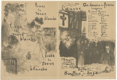 Obálka programové brožury s reklamou na La Revue Blanche a oznámením hry Au-dessus des force humaines Lisez la revue blanche Au-dessus des force humaines od Edouard Vuillard
