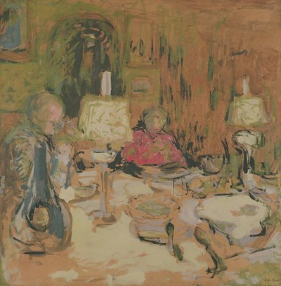 The Dinner with Two Lamps, rue de Calais, 1913 (distemper na hnědém papíře) od Edouard Vuillard
