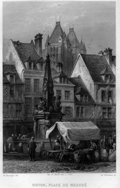 Place du Marche ve městě Noyon, Oise, Pikardie, Francie. Rytina od Willmanna ve „Starověké a moderní Francii““ od Jean-Bernard Mary-Lafon (Jean Bernard Mary Lafon) od Edouard Willmann